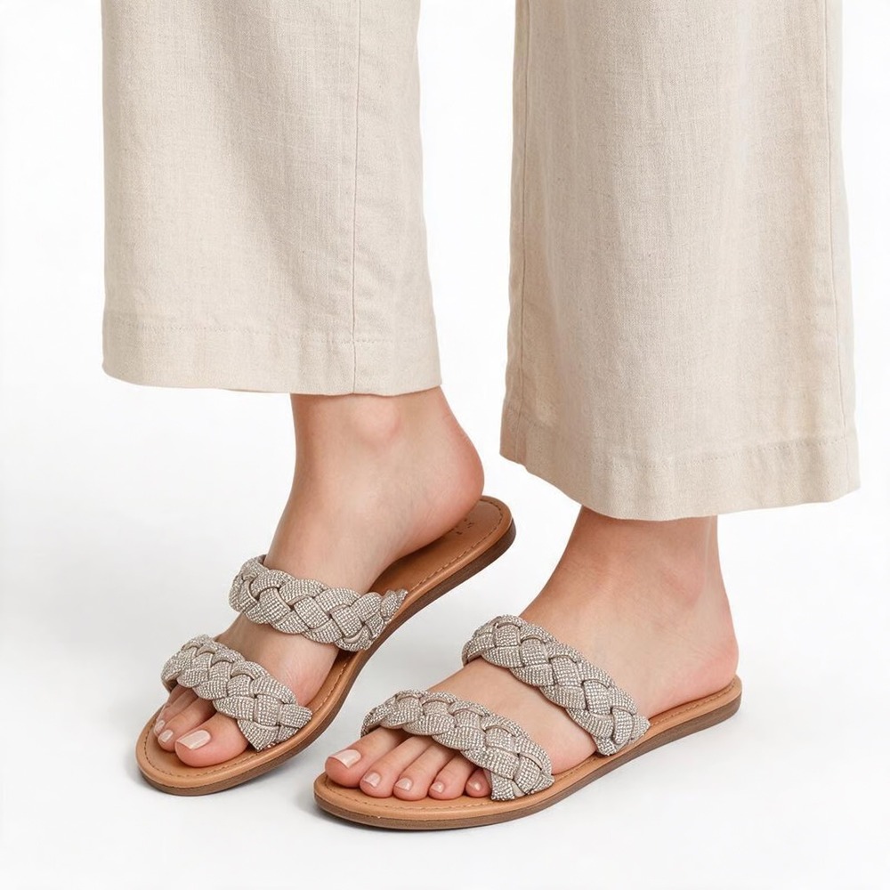 A New Day Slide Sandals Womens 8 Braided Rhinestone Silver Tan Flat Excellent